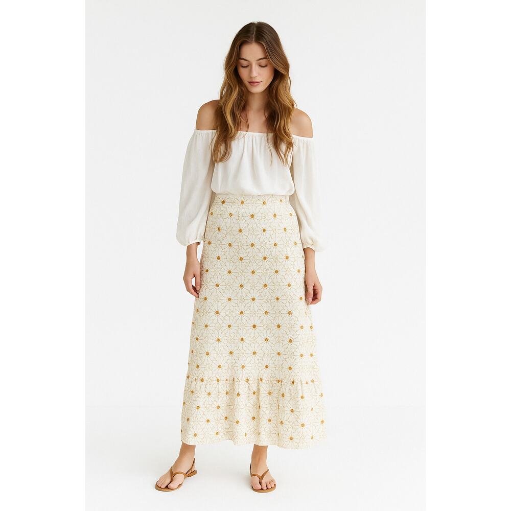 Jackson Rowe White Midi Skirt with Yellow Floral Embroidery